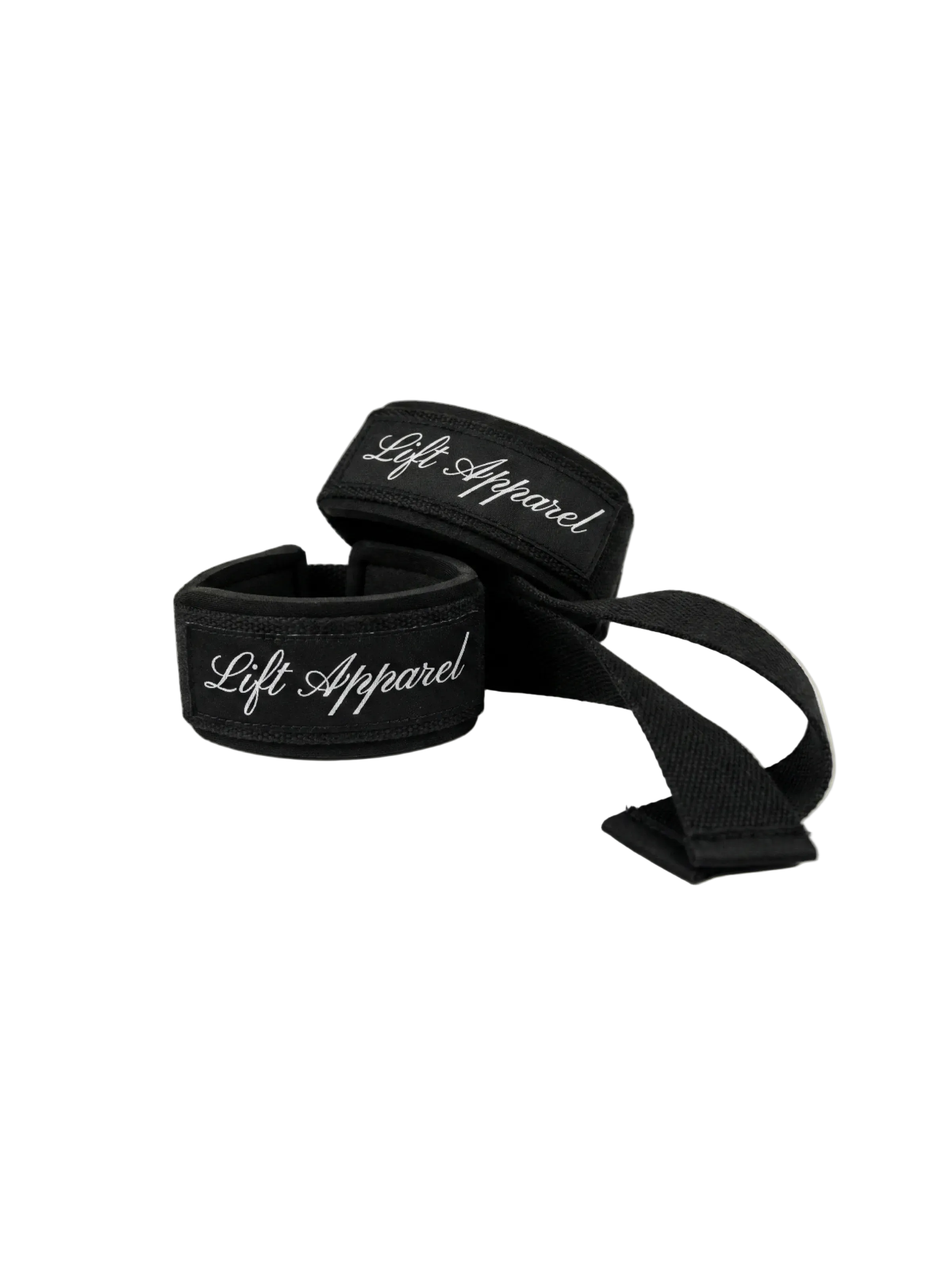 Black wrist wraps with 'Lift Apparel' branding on a white background