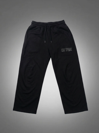 Black sweatpants with a logo on a gray background