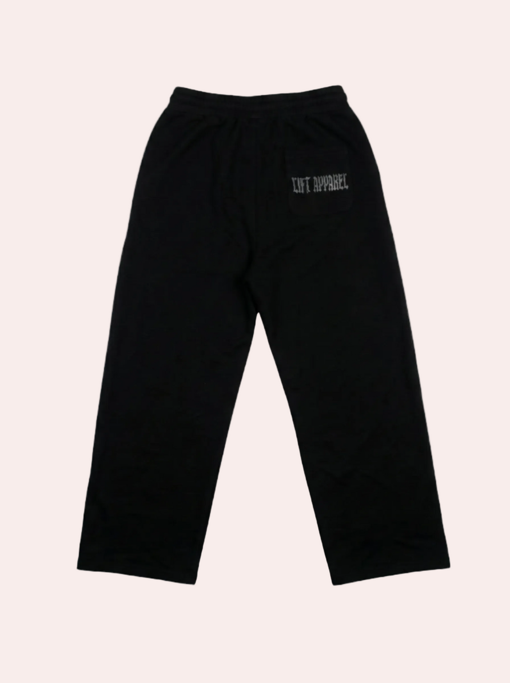 Black sweatpants with a logo on a gray background