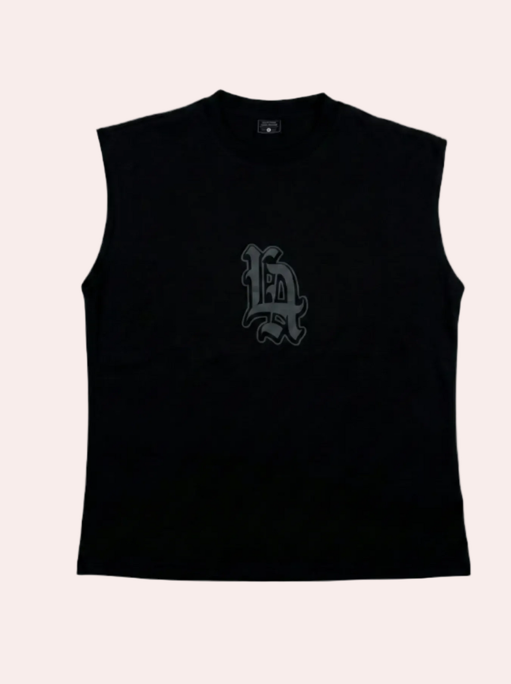 Black sleeveless shirt with a logo on a gray background
