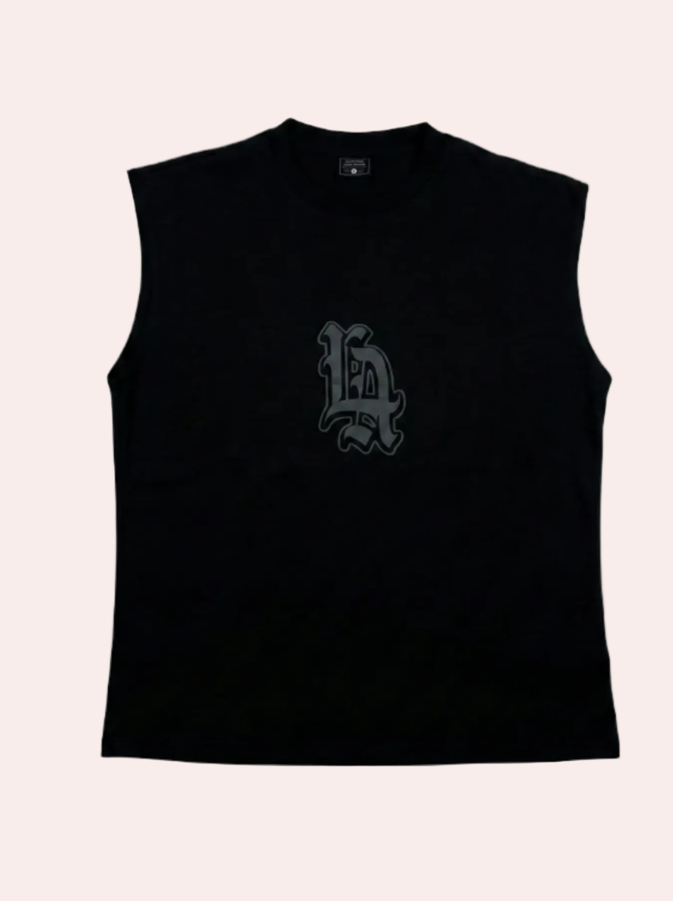 Black sleeveless shirt with a logo on a gray background