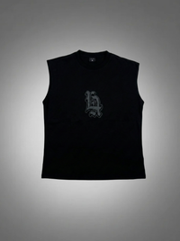 Black sleeveless shirt with a logo on a gray background