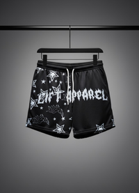 Black shorts with white graphics and text on a gray background