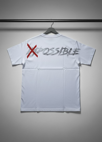 White t-shirt with 'X' and 'POSSIBLE' text on a gray background