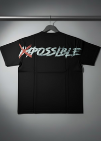 Black t-shirt with 'XPOSSIBLE' text on a hanger against a gray background