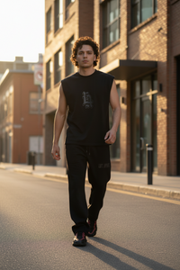 Man wearing a black sleeveless shirt and pants on a white background