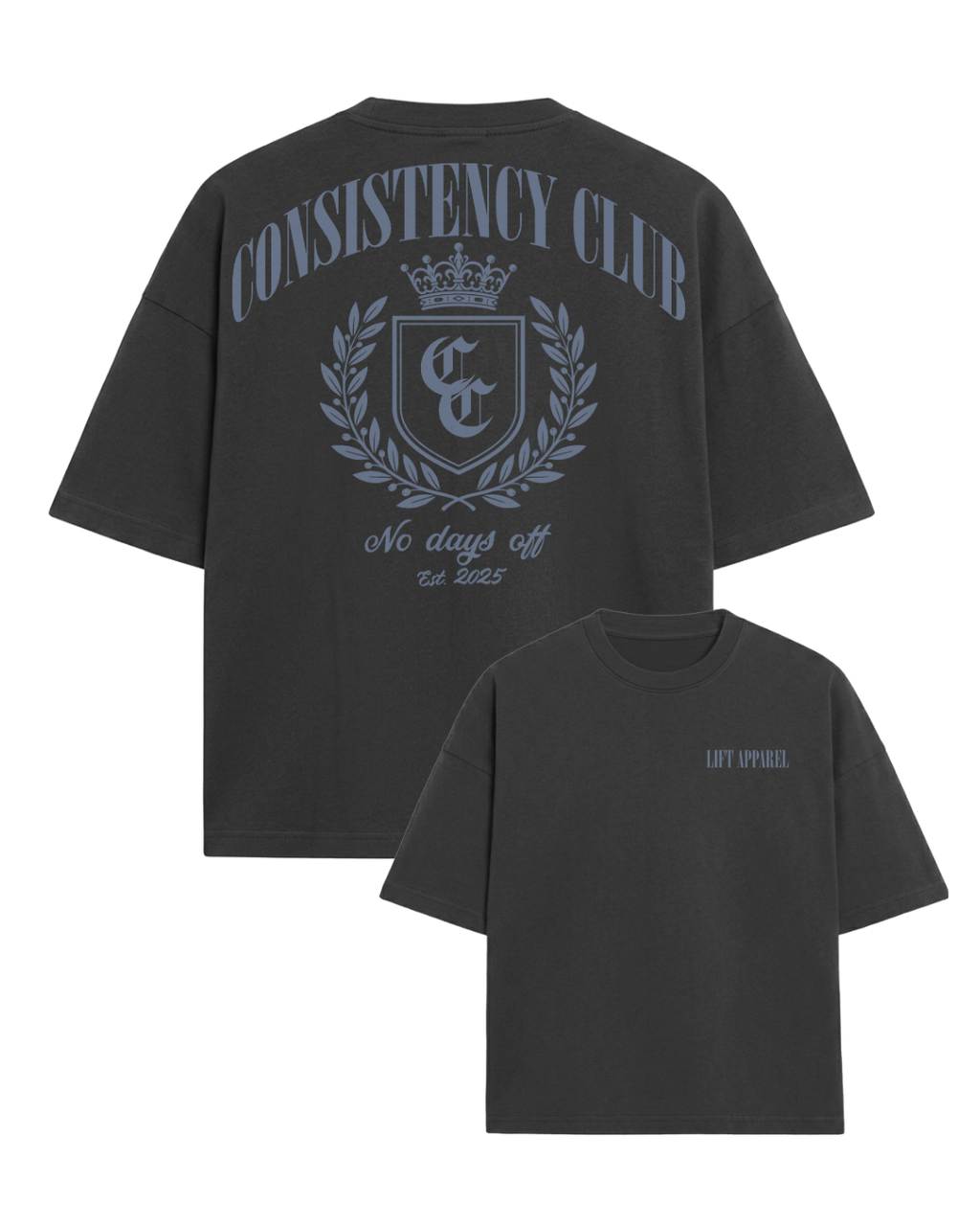Black t-shirt with 'Consistency Club' logo and text on a white background