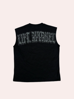 Black sleeveless shirt with white text on a gray background