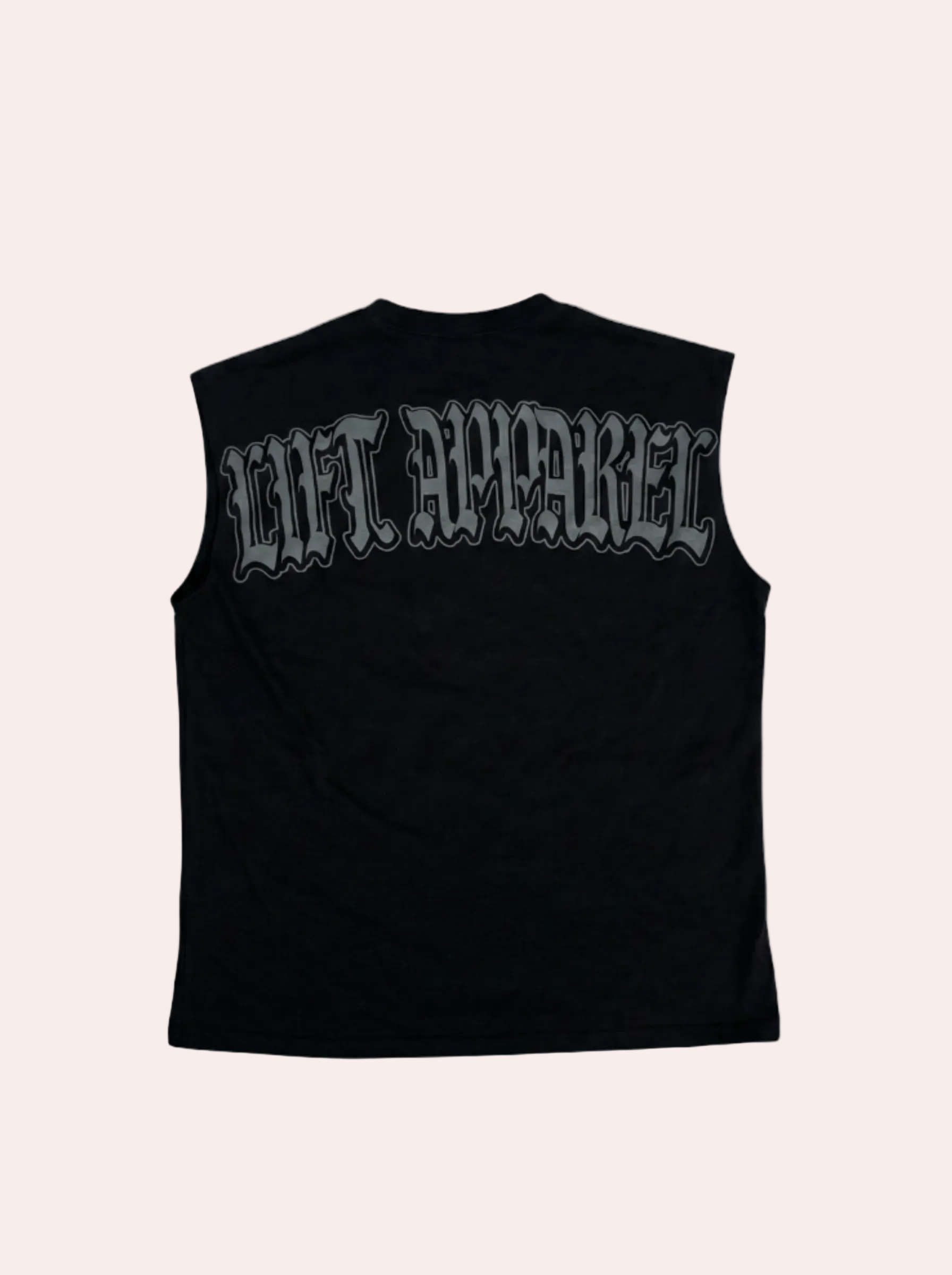 Black sleeveless shirt with white text on a gray background