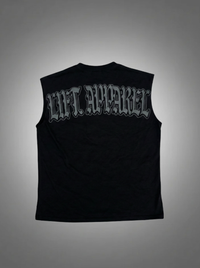 Black sleeveless shirt with white text on a gray background