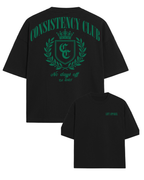 Black t-shirt with green text and logo on a white background