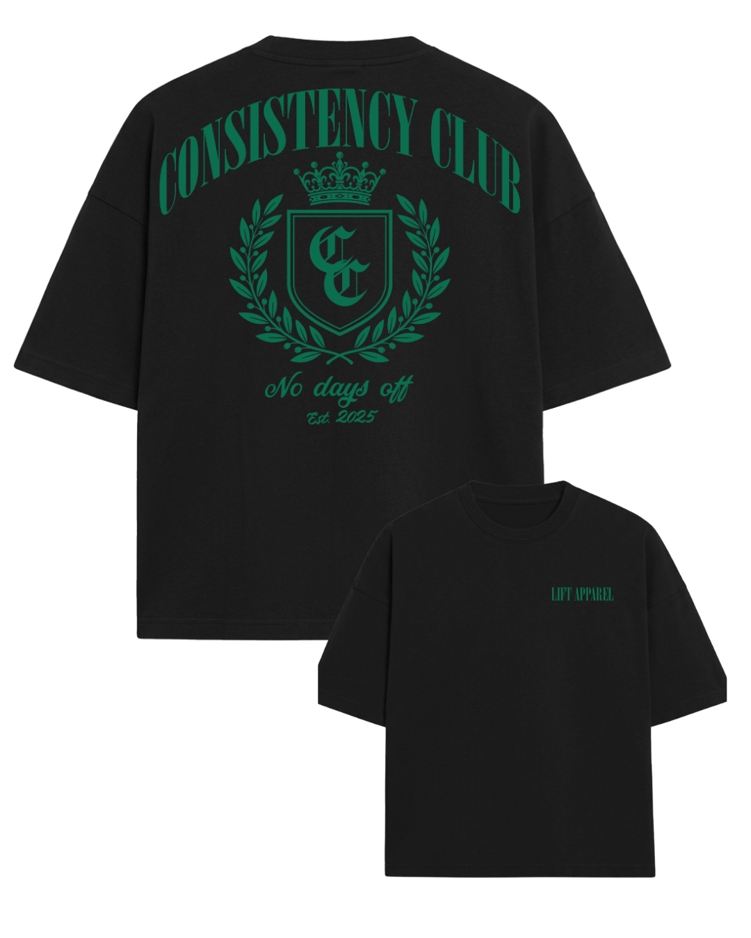 Black t-shirt with green text and logo on a white background