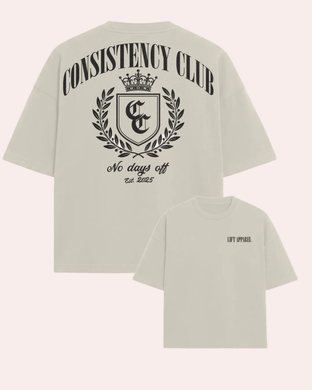 Beige t-shirt with 'Consistency Club' design on a white background
