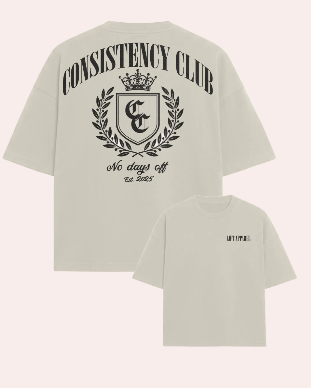 Beige t-shirt with 'Consistency Club' design on a white background
