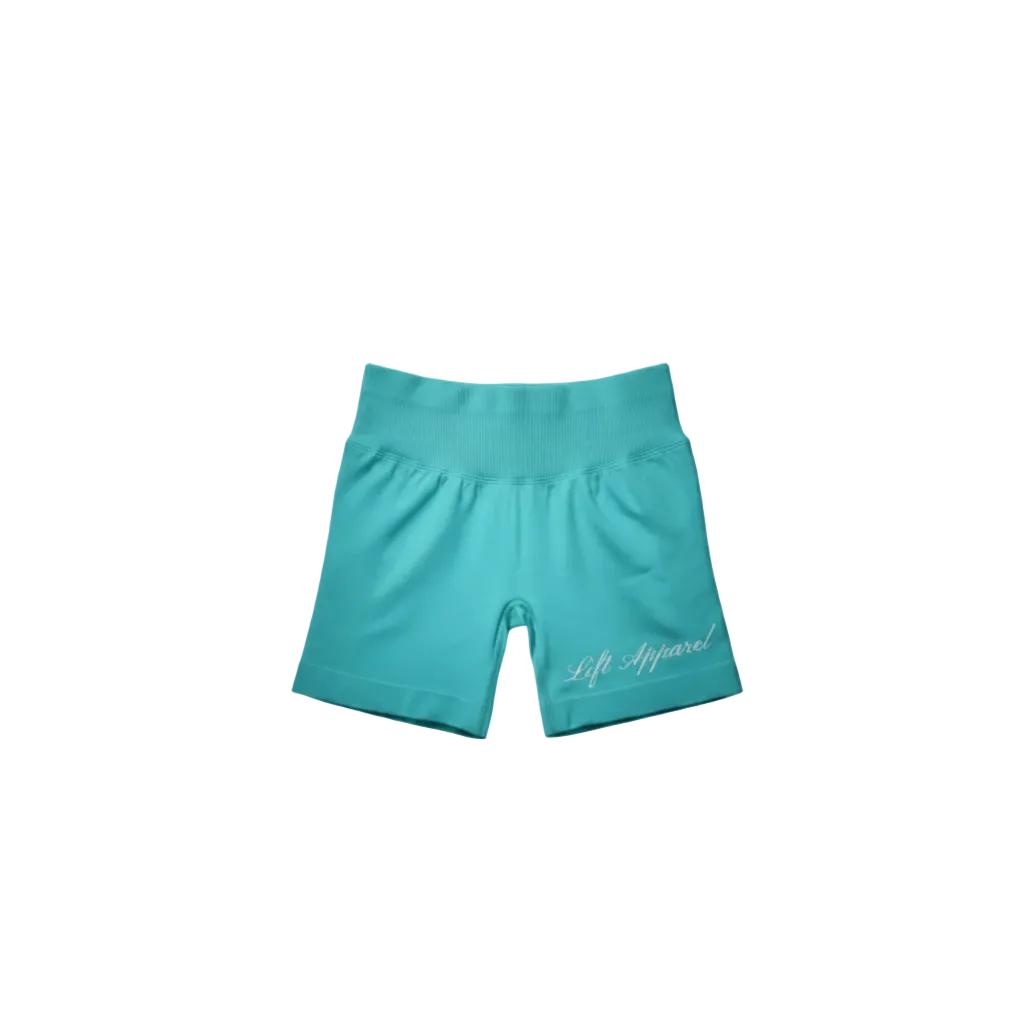 Turquoise shorts with 'Lifit Apparel' branding on a gray background