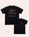 Black t-shirt with gold text on a white background