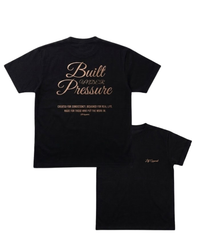 Black t-shirt with gold text on a white background