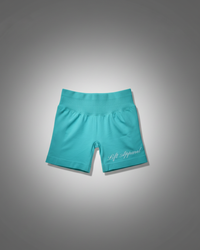 Turquoise shorts with 'Lifit Apparel' branding on a gray background