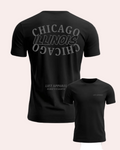 Black t-shirt with 'Chicago Illinois' text on the back and 'LIFT APPAREL' branding on the front, displayed on a white background.