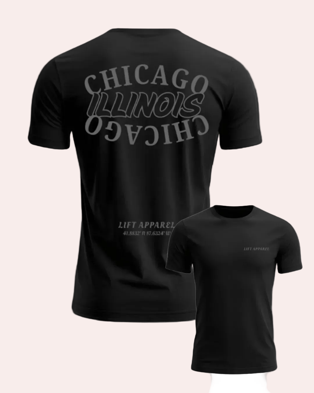 Black t-shirt with 'Chicago Illinois' text on the back and 'LIFT APPAREL' branding on the front, displayed on a white background.