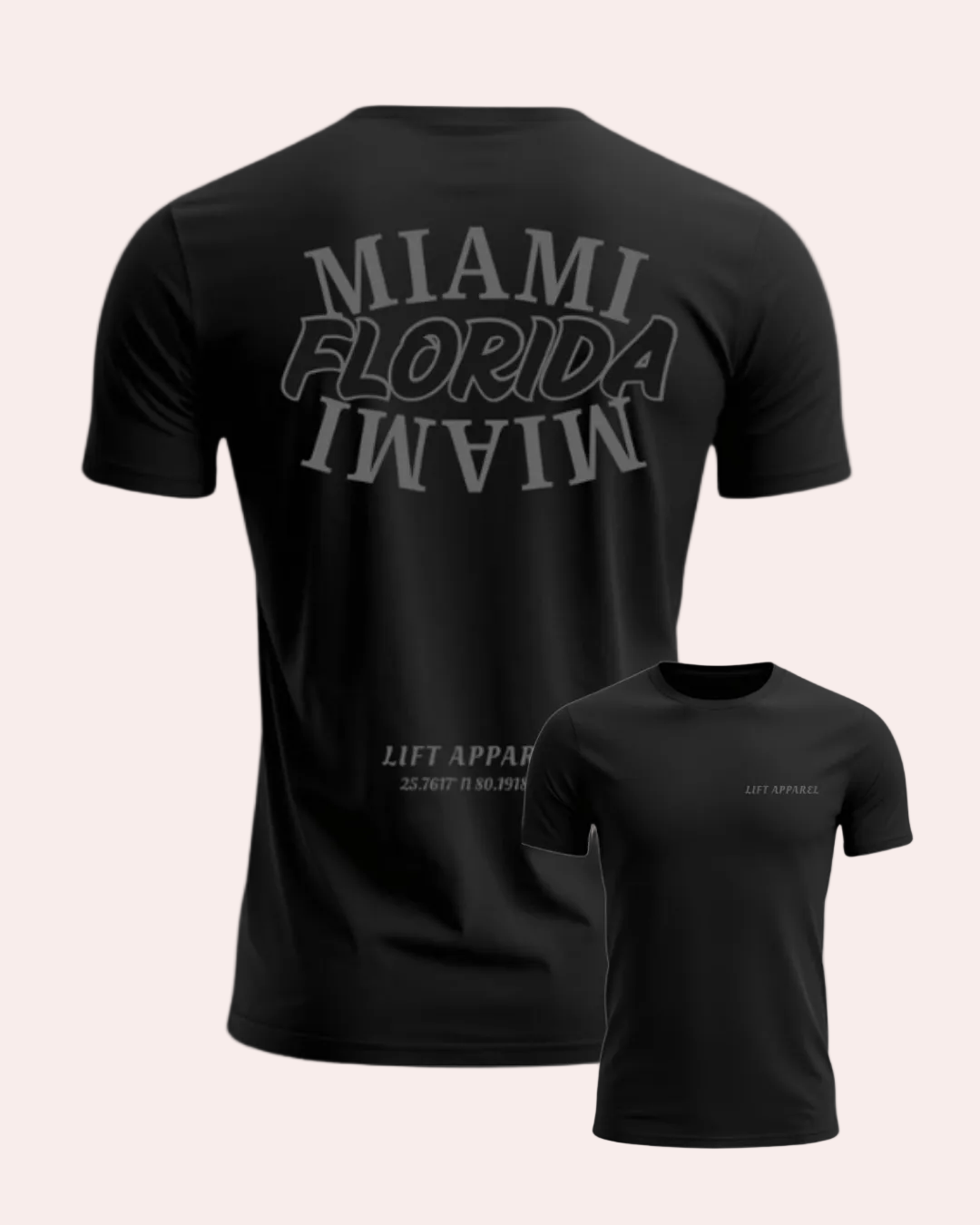 Black t-shirt with 'MIAMI FLORIDA MIAMI' text on the back, displayed from front and back views.