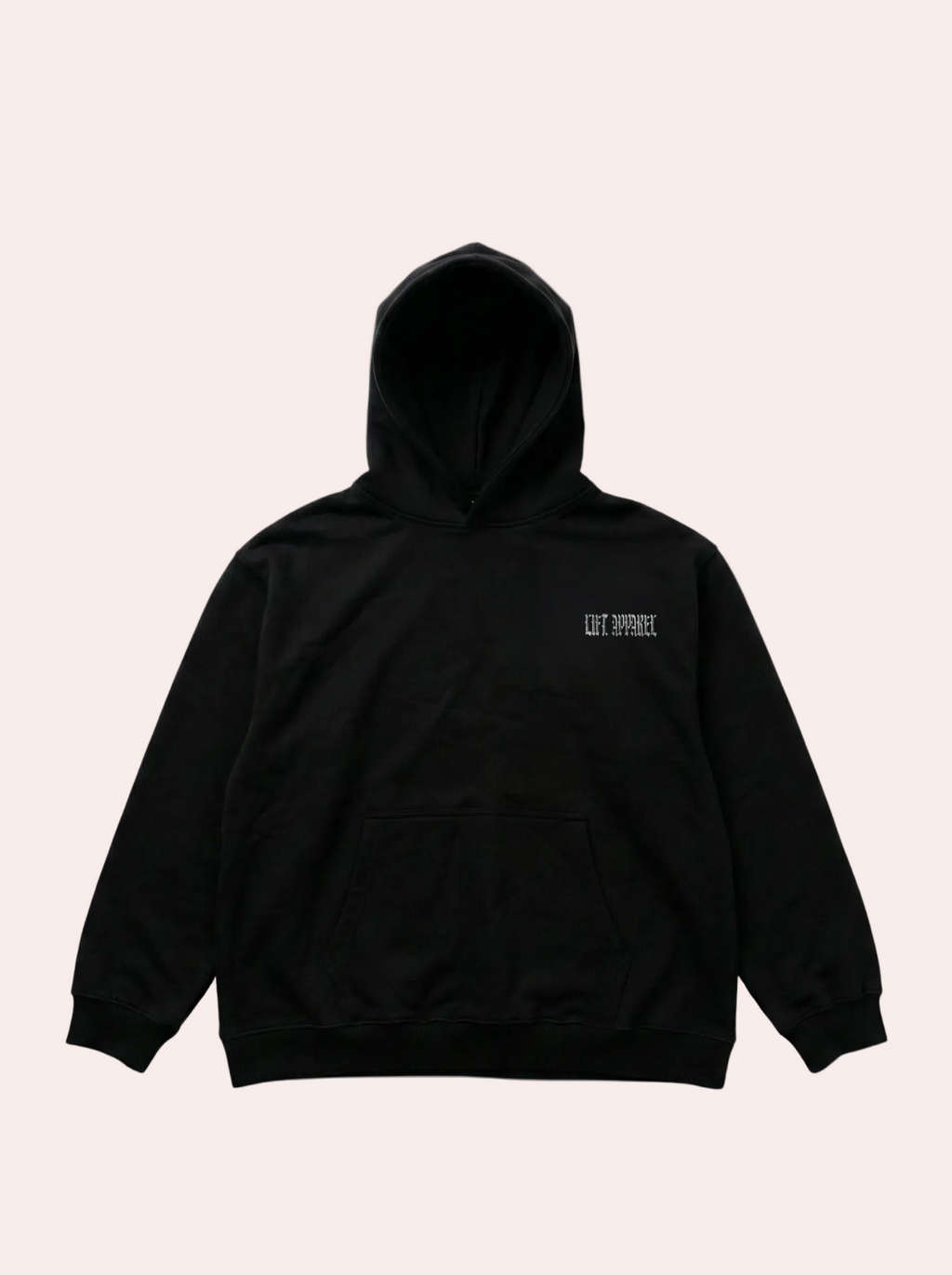 Black hoodie with a small logo on the chest against a gray background