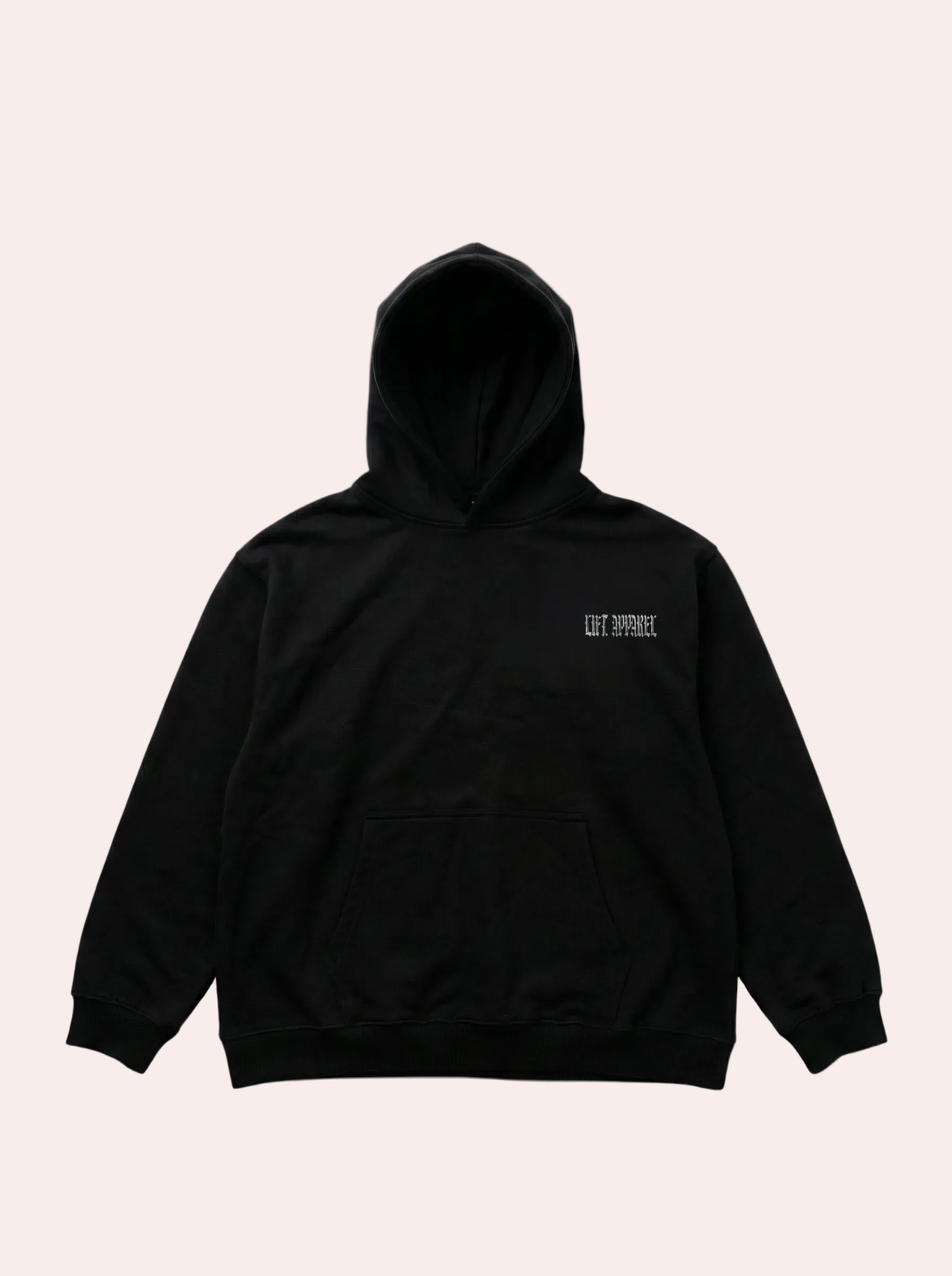 Black hoodie with a small logo on the chest against a gray background
