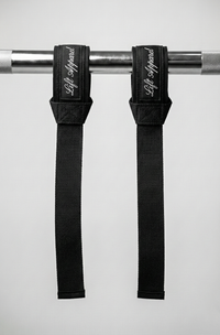Black gym straps with 'Life Fitness' branding on a white background