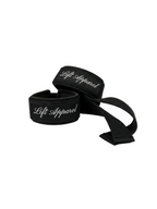 Black wrist wraps with 'Lift Apparel' branding on a white background
