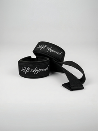 Black wrist wraps with 'Lift Apparel' branding on a white background