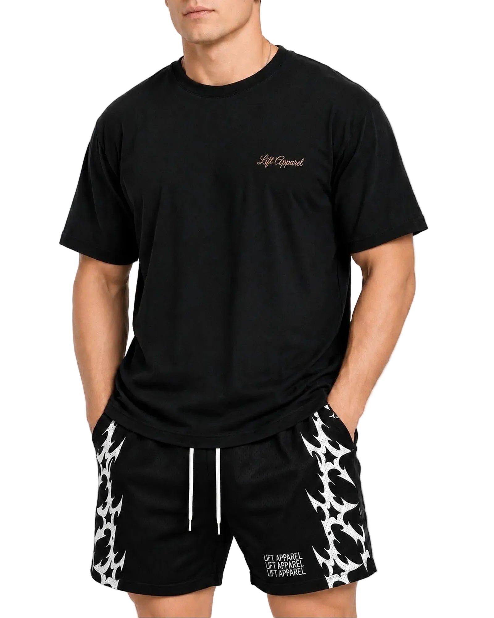 Front view of the black Pressure oversized gym tee worn with patterned training shorts