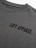 Gray sweatshirt with 'LIFT APPAREL' text on a white background