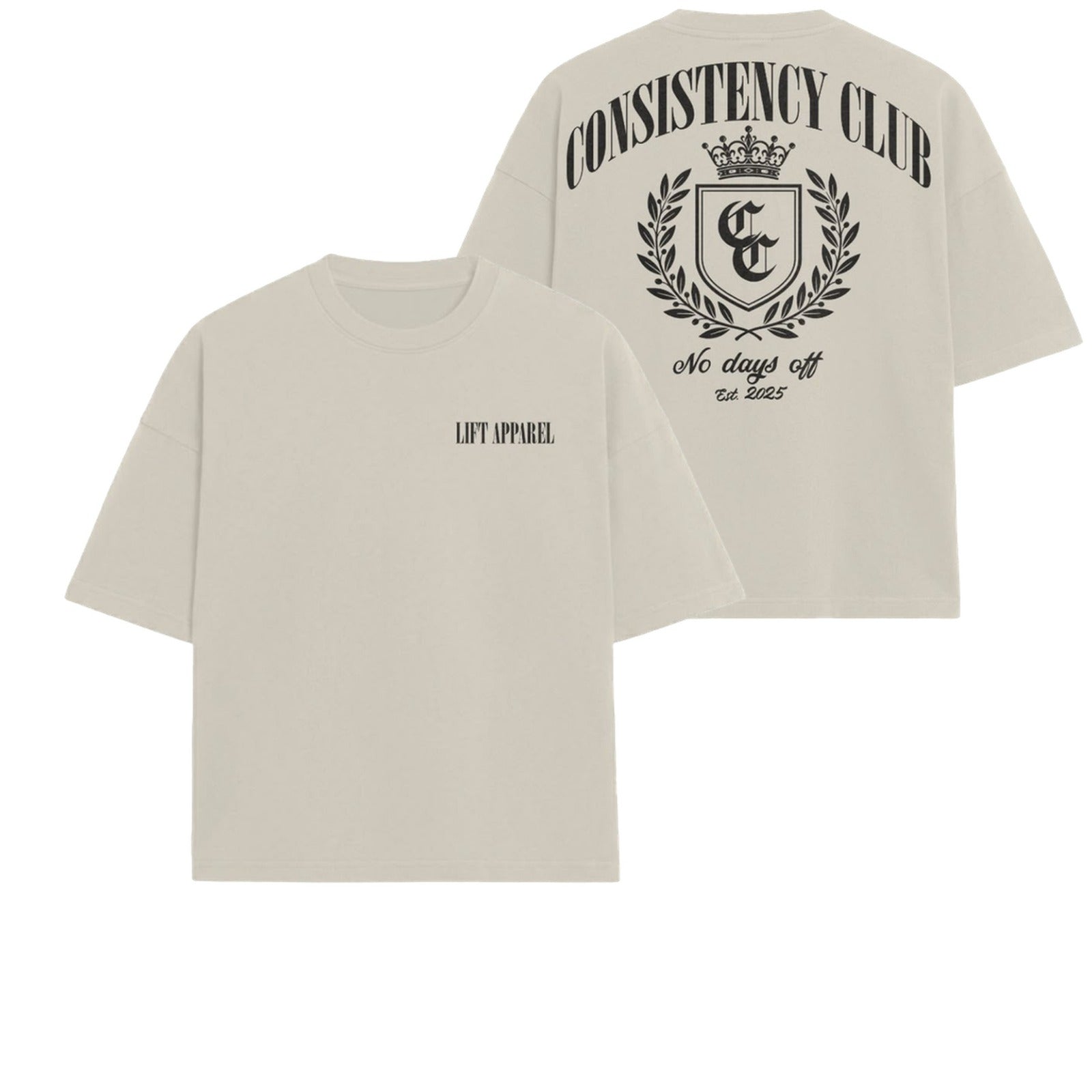 Cream Consistency Club oversized tee with dark crest back print, front and back flat lay