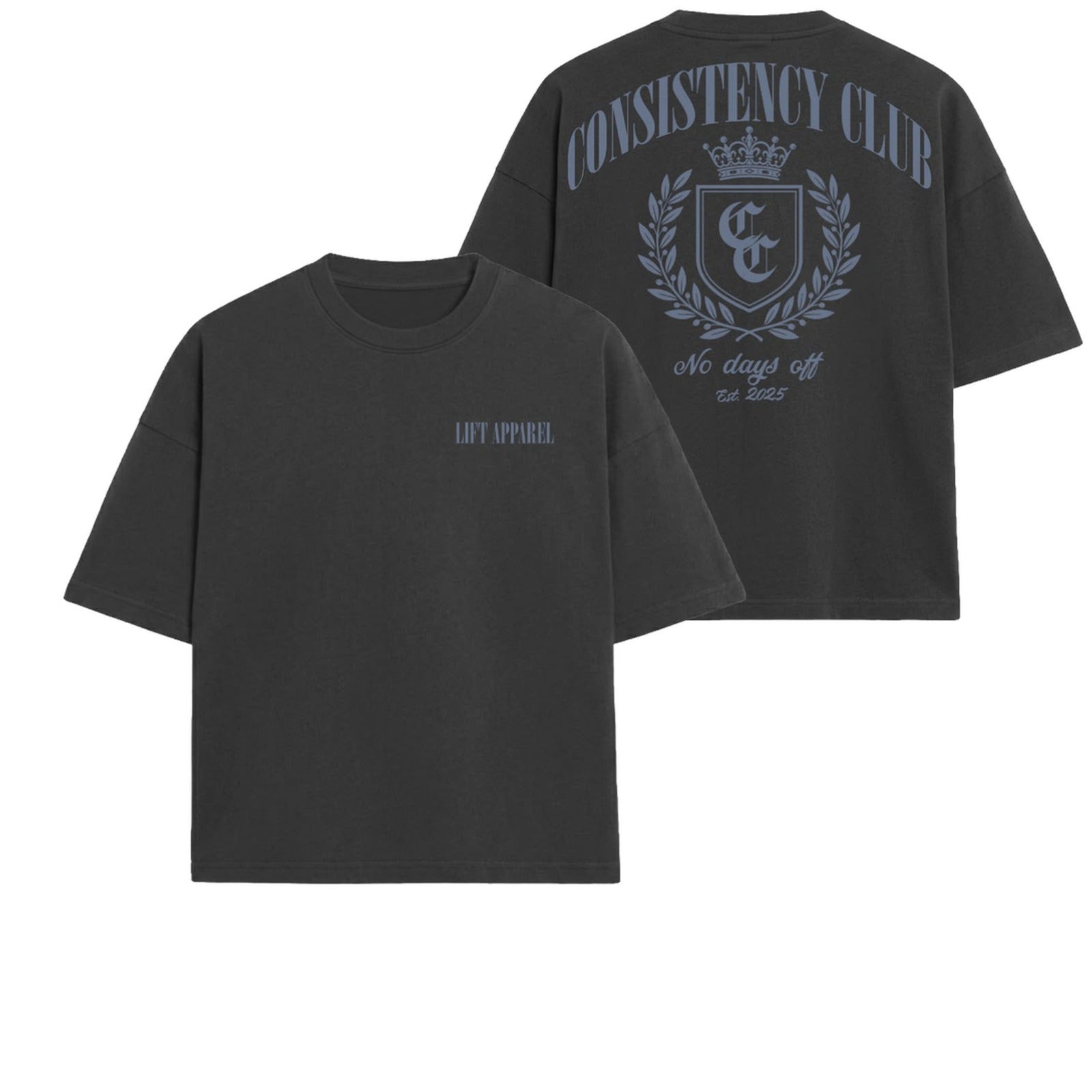 Charcoal Consistency Club oversized tee with blue crest back print, front and back flat lay