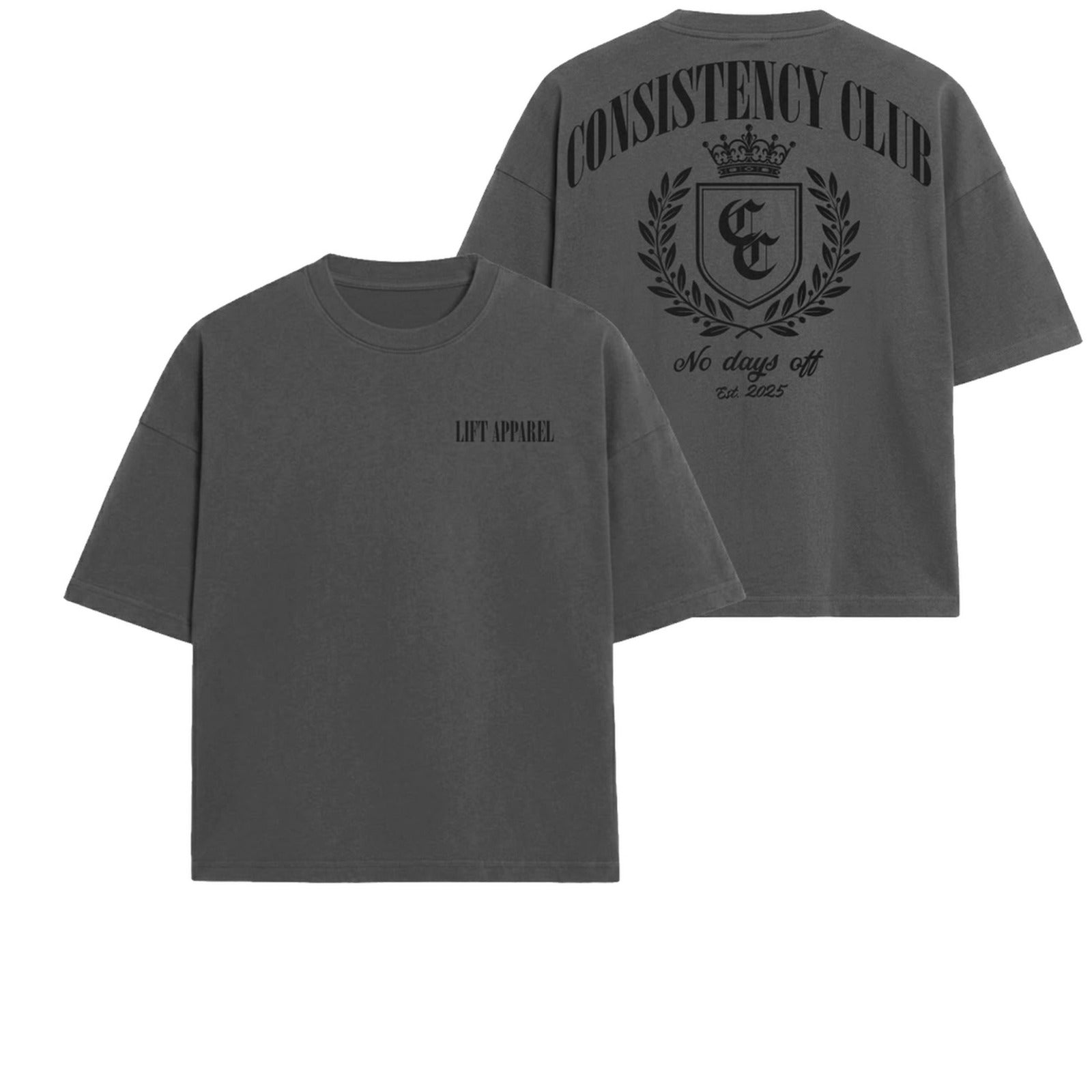 Grey Consistency Club oversized gym tee with black crest back print, front and back flat lay