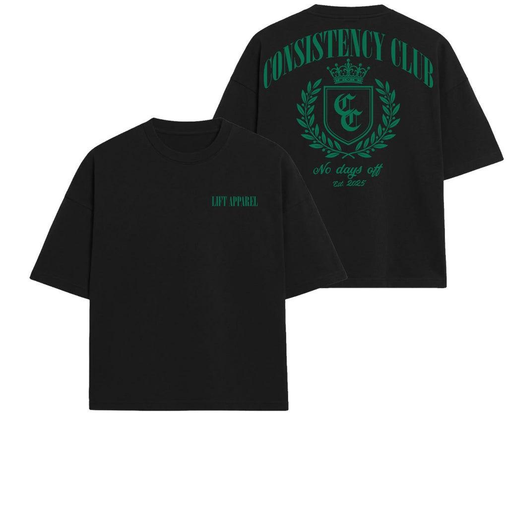 Black Consistency Club oversized gym tee with green crest back print, front and back flat lay