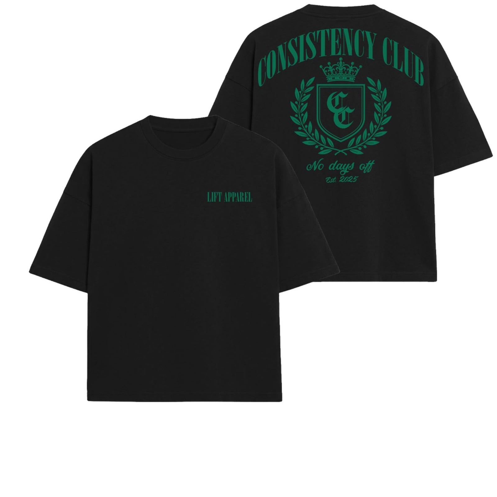 Black Consistency Club oversized gym tee with green crest back print, front and back flat lay