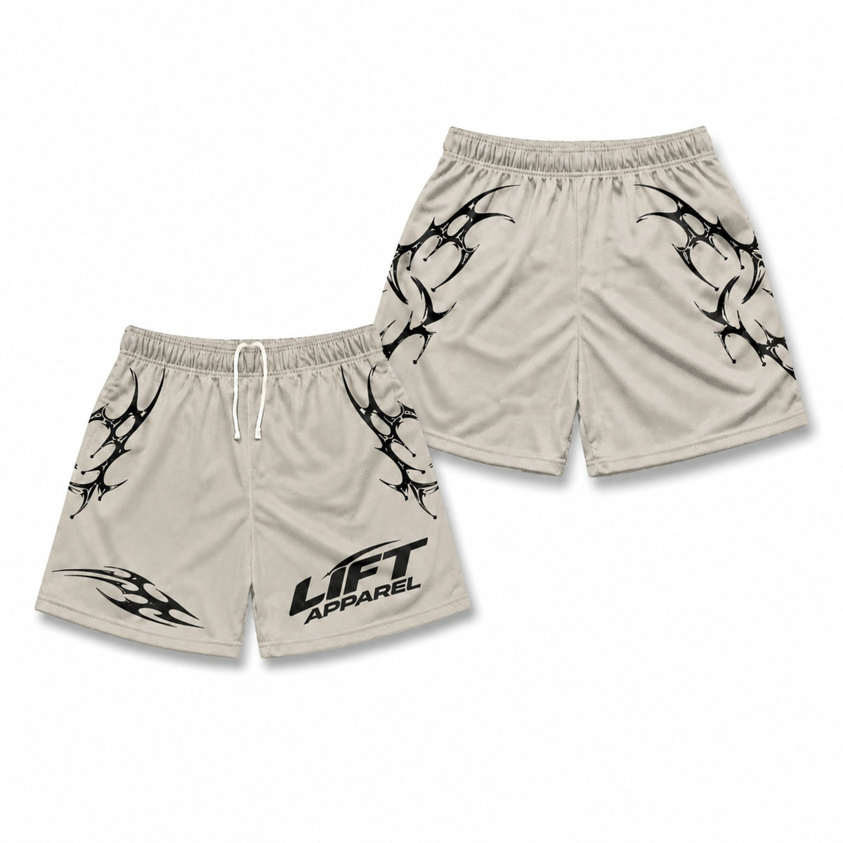 Light grey Apex gym shorts with black tribal print and Lift Apparel logo, front and back flat lay