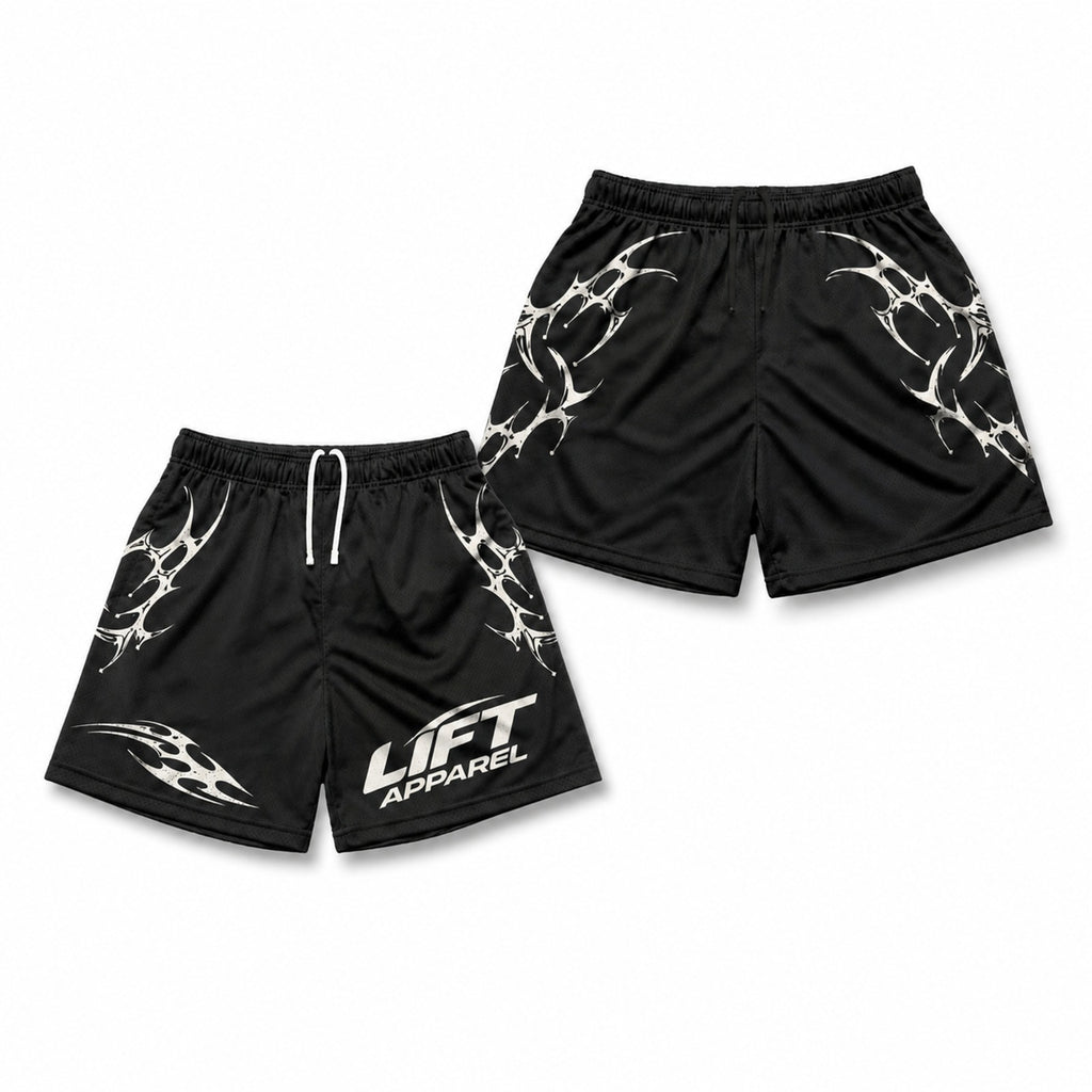 Black Apex gym shorts with white tribal print and Lift Apparel logo, front and back flat lay