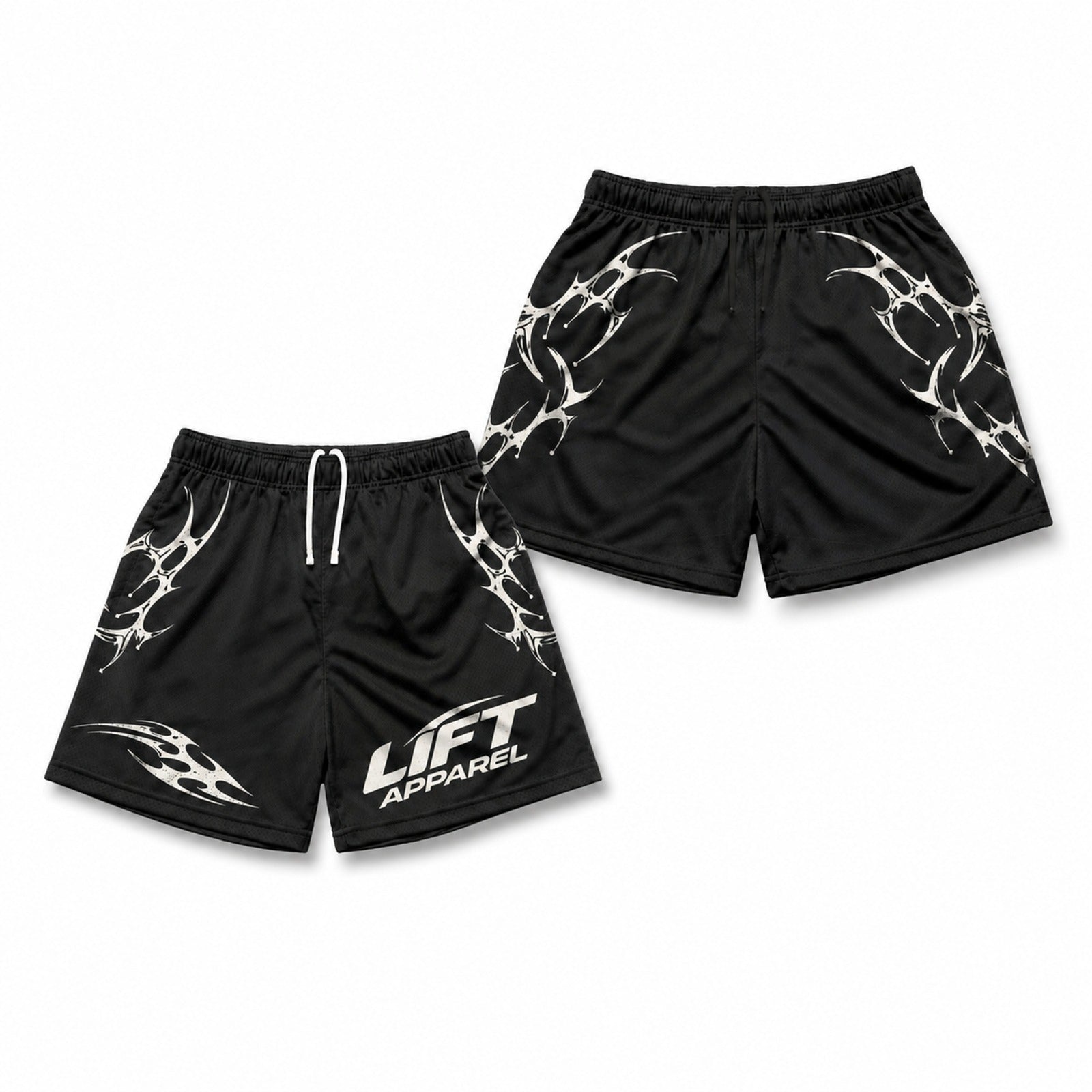 Black Apex gym shorts with white tribal print and Lift Apparel logo, front and back flat lay