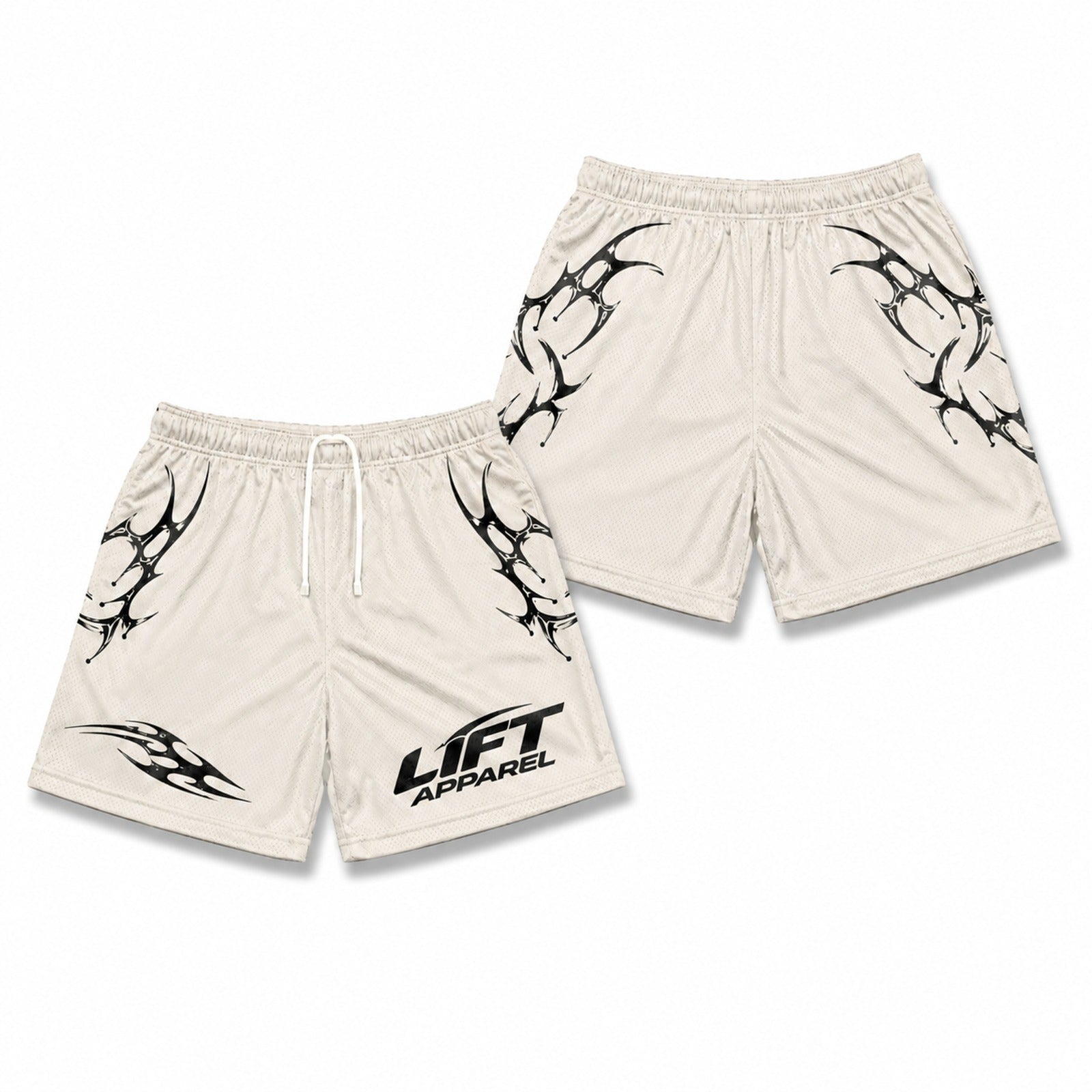 Ivory Apex gym shorts with black tribal print and Lift Apparel logo, front and back flat lay