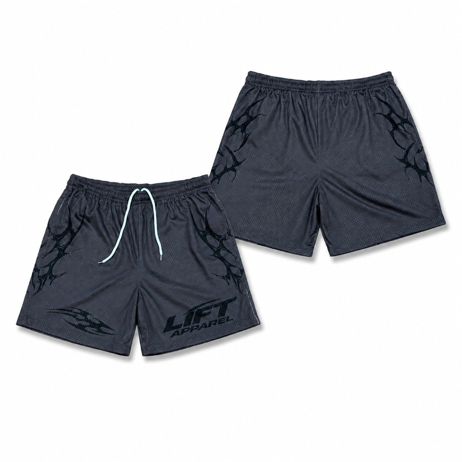 Charcoal Apex gym shorts with black tribal print and Lift Apparel logo, front and back flat lay