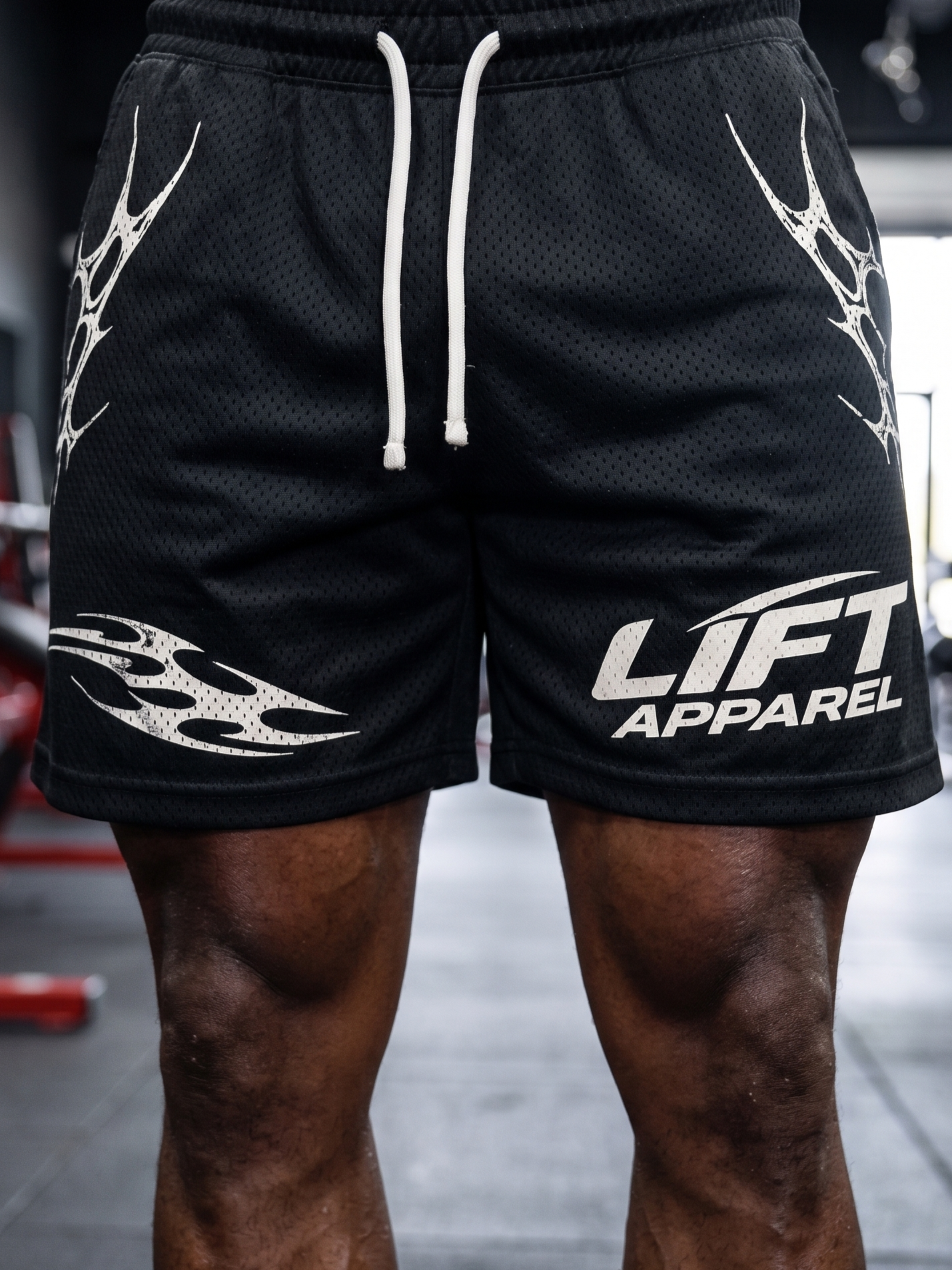 Lift Apparel Apex Men's Performance Gym Shorts – Black White Close-Up Detail