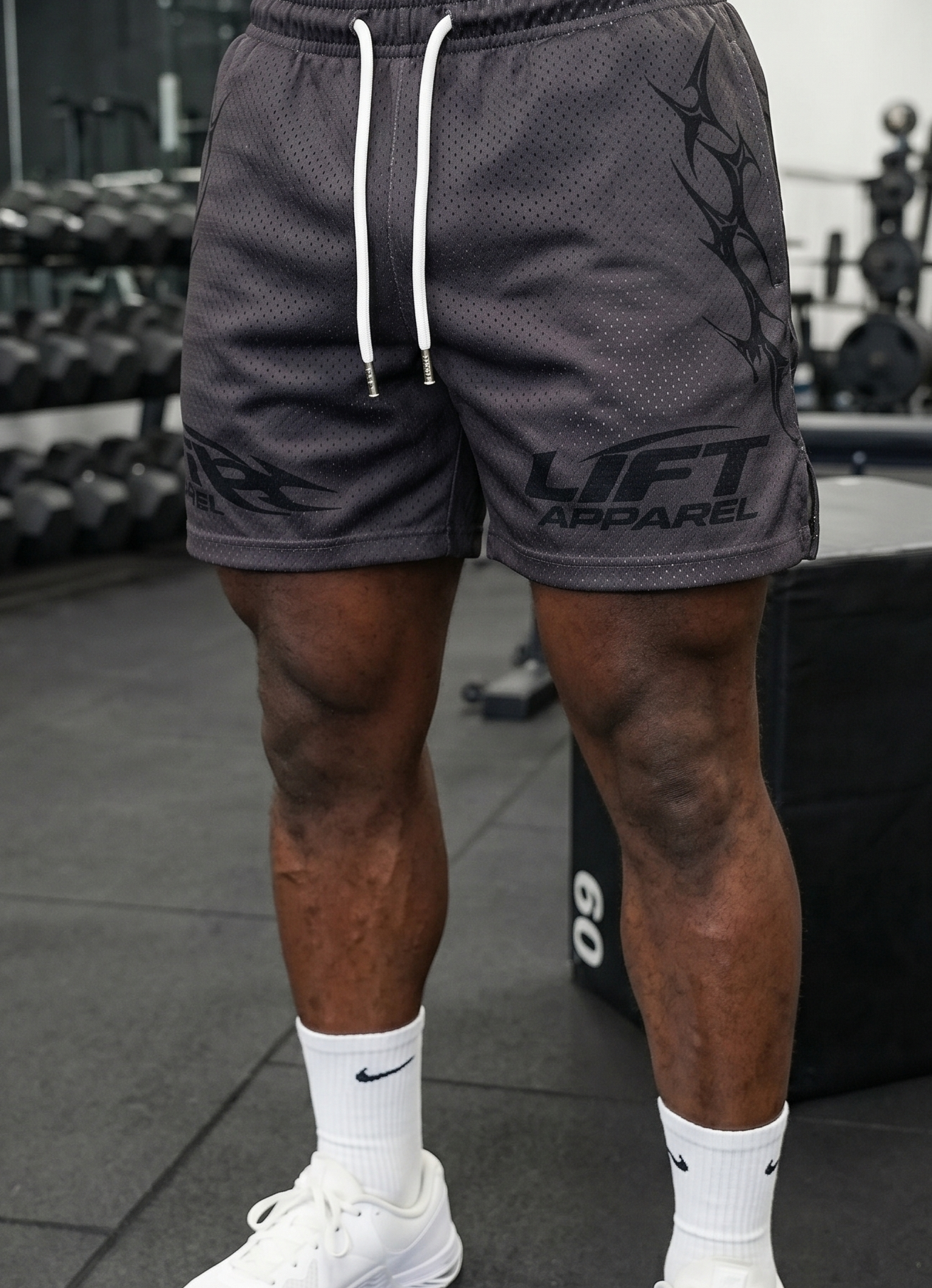 Lift Apparel Apex Men's Performance Gym Shorts – Gray Close-Up Detail
